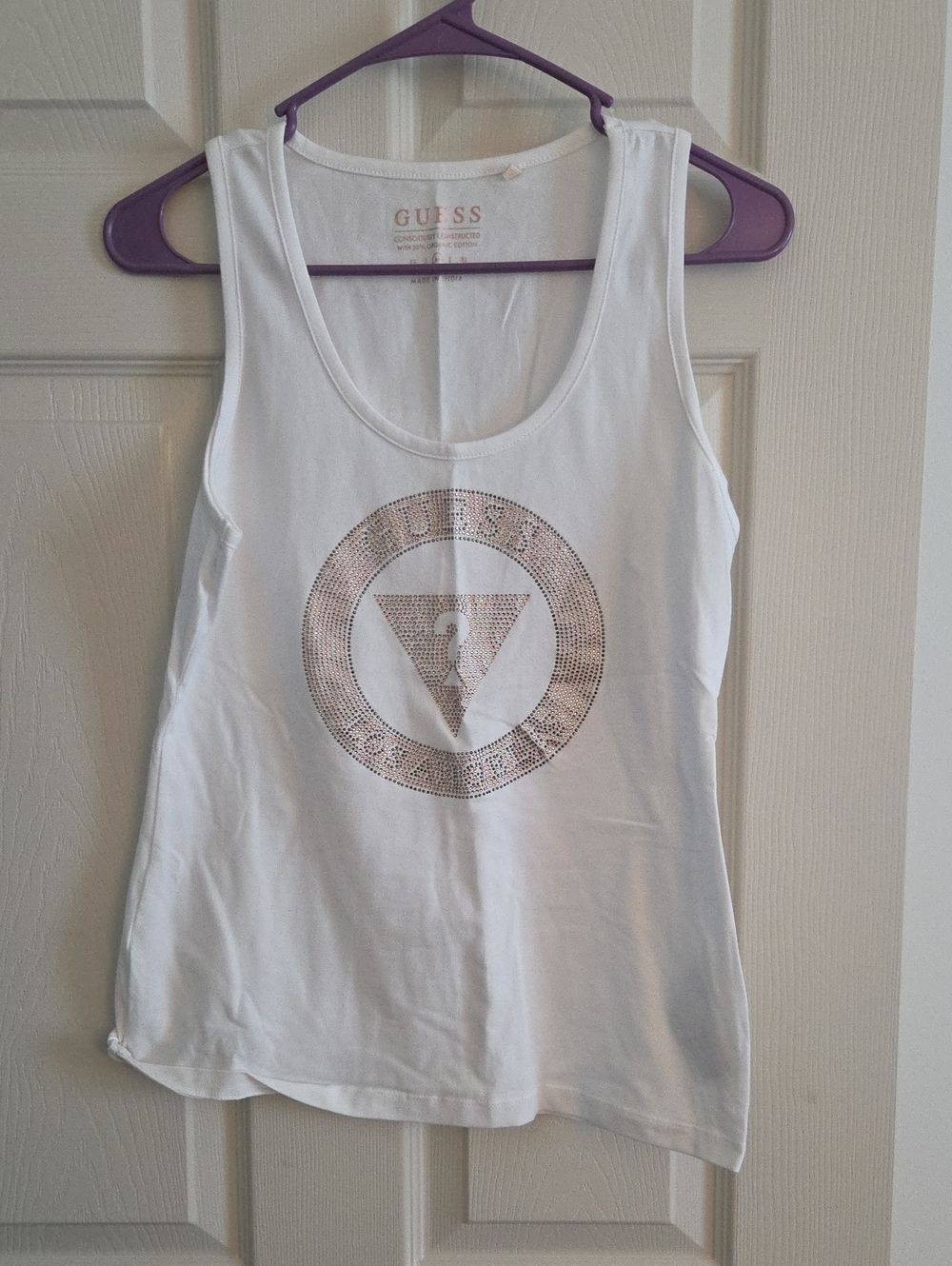 GUESS White Tank with Rhinestone Logo Accent